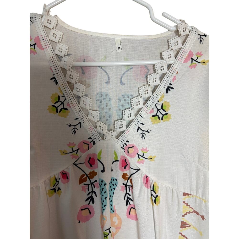 Boho Floral Babydoll Tunic Dress White Embroidered Lace V Neck Medium Festival - Picture 3 of 6